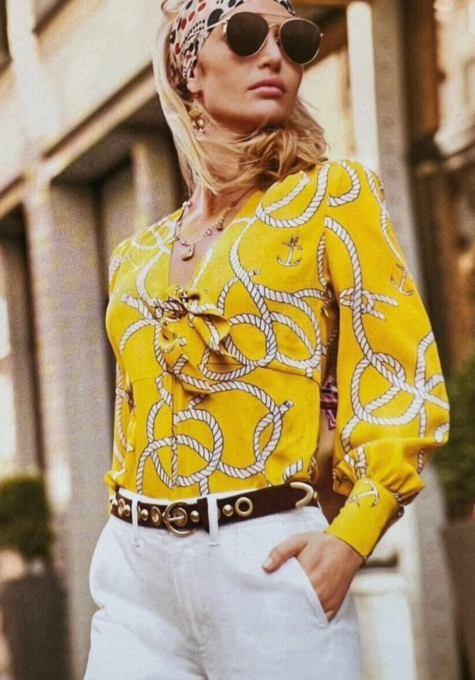 CAbi 5707 Yellow Reef Blouse Small V-Neck Knot Front Side Zip Long Sleeve Top